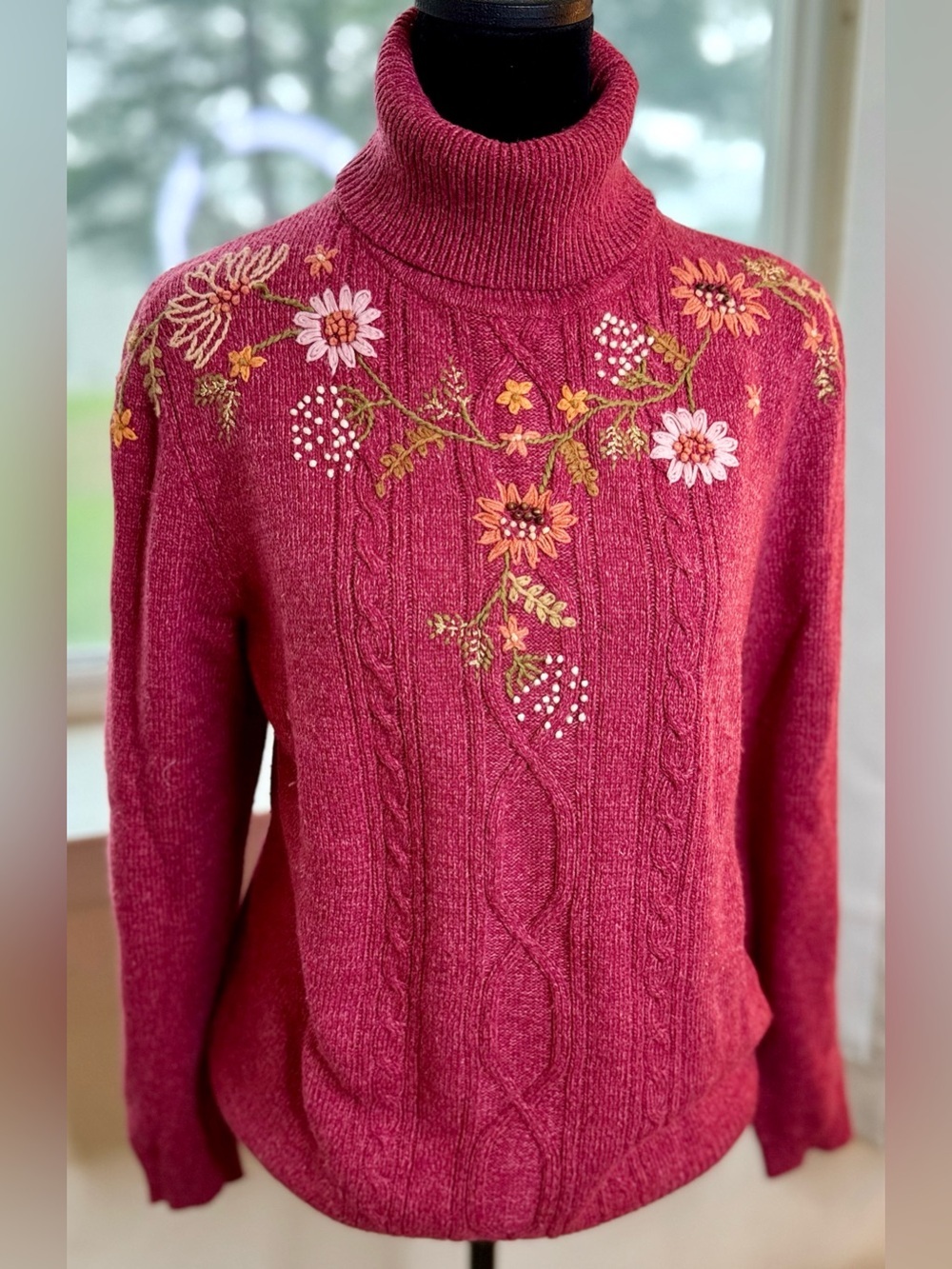 Alfred Dunner cable knit Fall Floral embroidered turtleneck sweater silk wool Sm